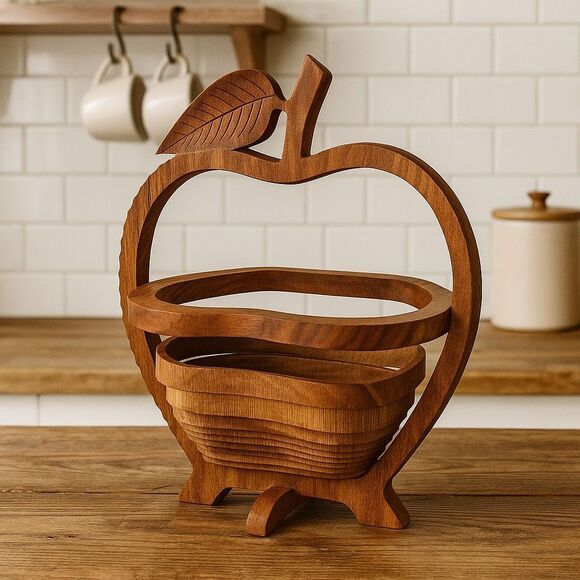 Vtg Wood Collapsible Apple Basket Folding Fruit Bowl Rustic Trivet Kitchen Decor - Picture 5 of 6
